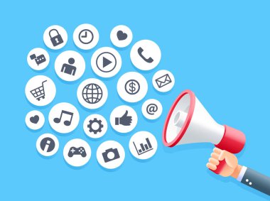 Human hand holding megaphone with bubble social media icons conc