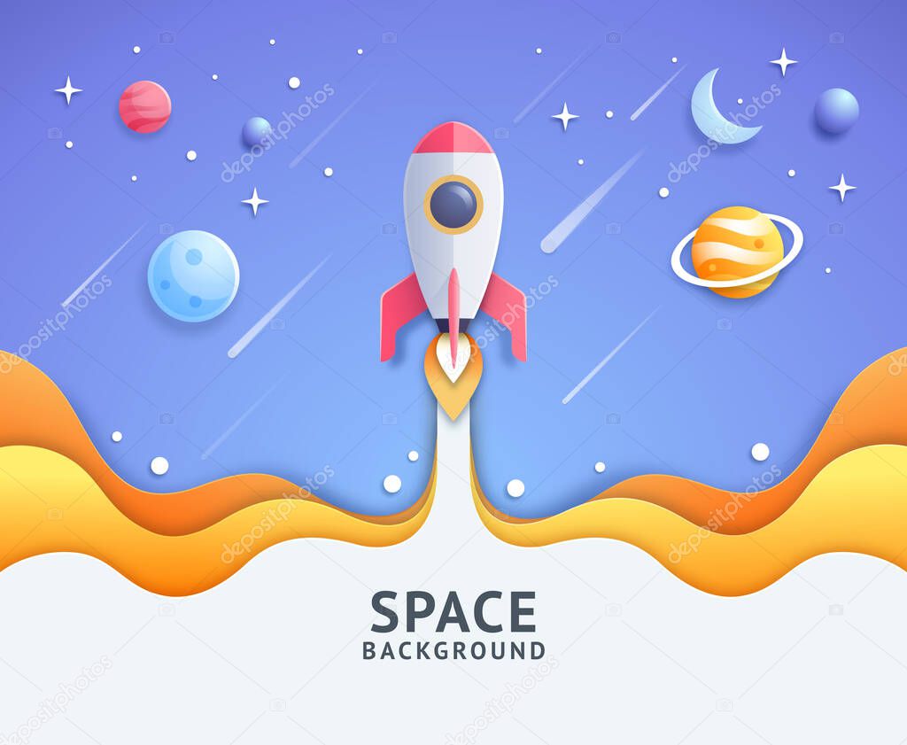 Blue space galaxy with cartoon rocket leaving white trail vector illustration.