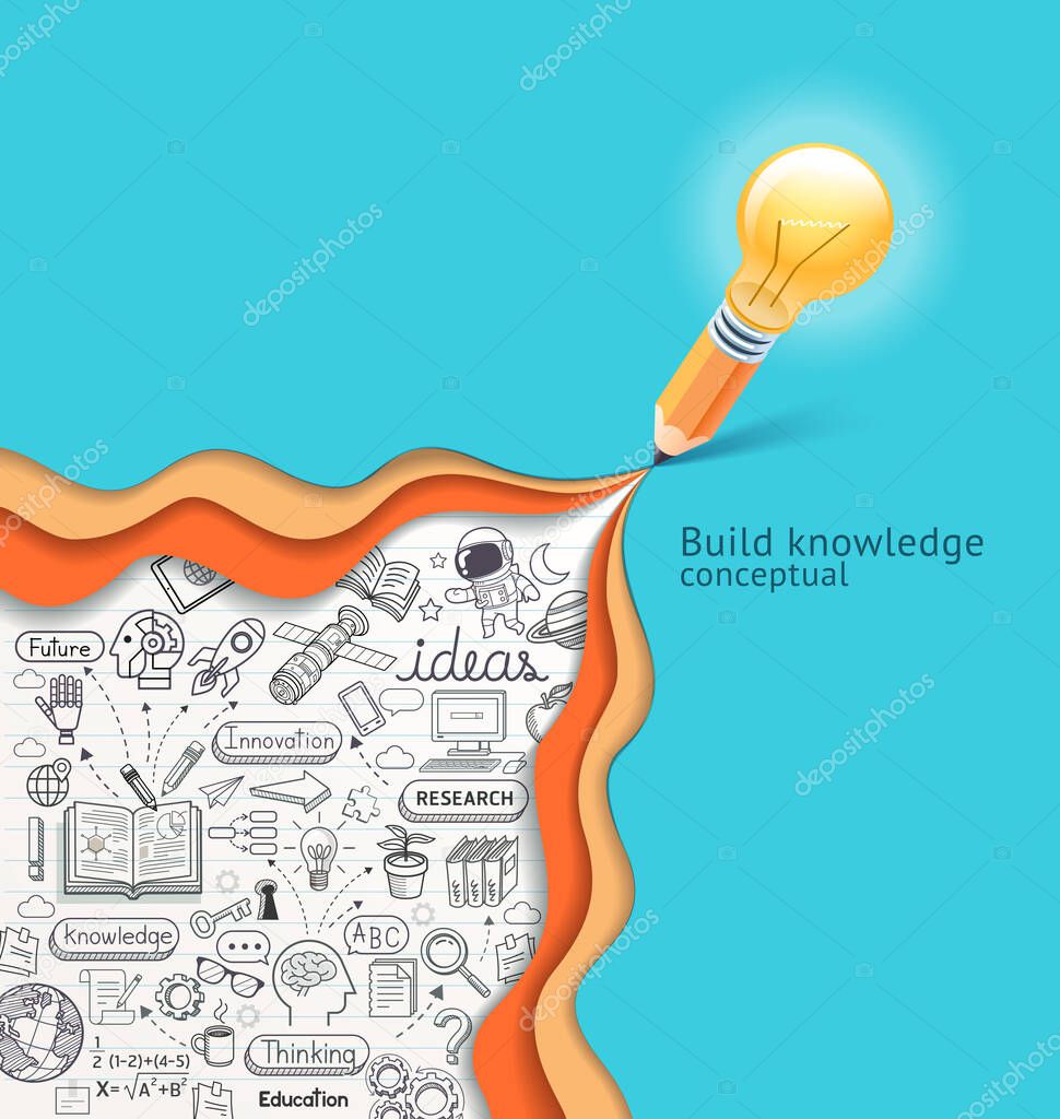 light bulb on pencil writing ideas text. Vector illustrations.