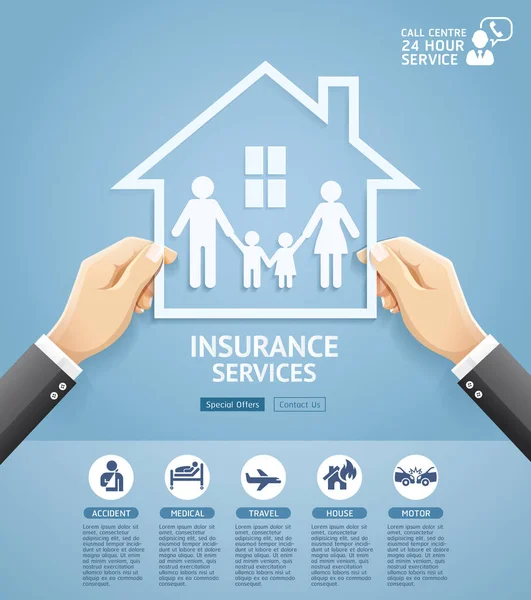保険政策サービス概念設計 家の中で紙の家族を保持手 ベクターイラスト — ストックベクタ