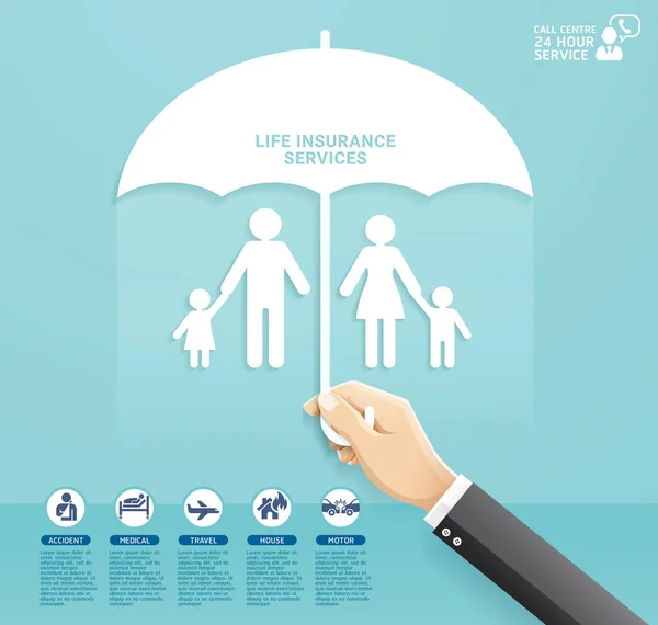 保険政策サービス概念設計 家族の紙のカットスタイルを保護するために手を保持傘 ベクターイラスト — ストックベクタ