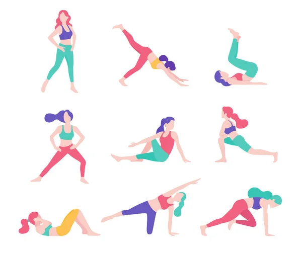 Las Mujeres Fitness Ejercicio Postura Vector Ilustraciones — Vector de stock