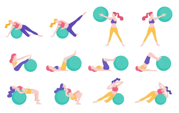 Donne Fitness Esercizio Palla Allenamento Postura Vettori Illustrazioni — Vettoriale Stock