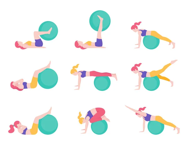 Mulheres Fitness Exercício Bola Treino Postura Vetor Ilustrações — Vetor de Stock