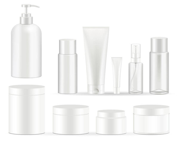 Cosmetic bottles packaging set vector illustrations.