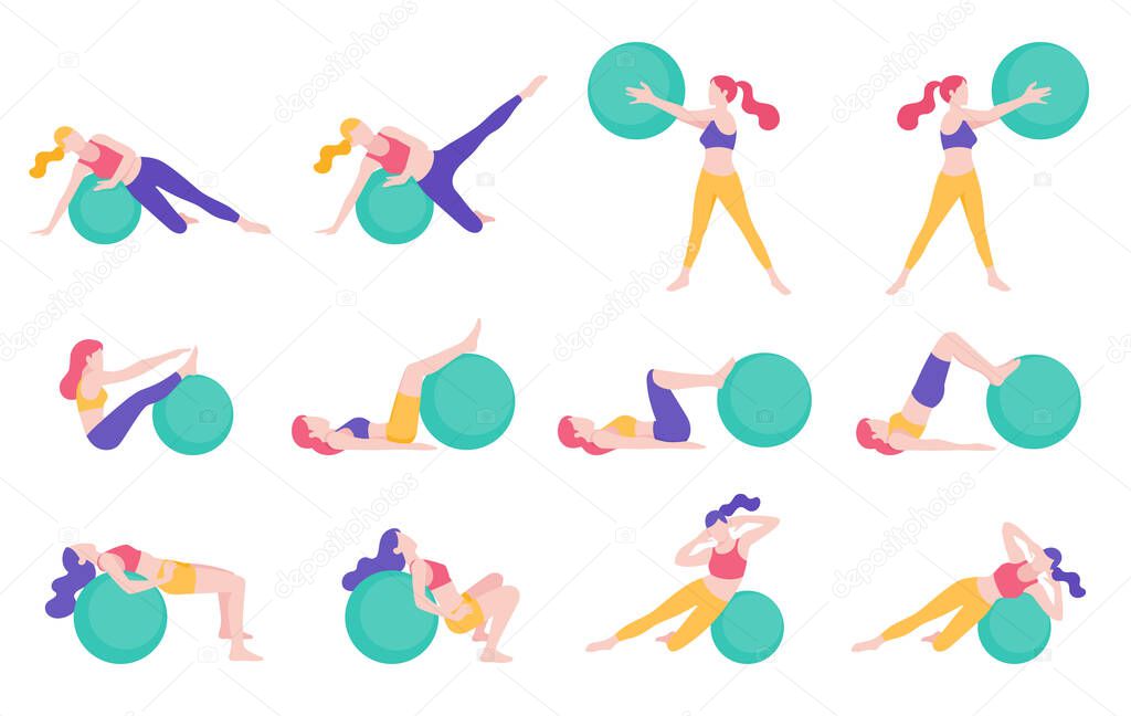 Women fitness exercise ball workout posture vector illustrations.