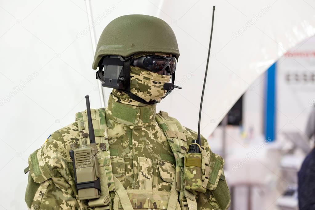 Mannequin in army uniform and equipment. Safety helmet and goggles. Special 