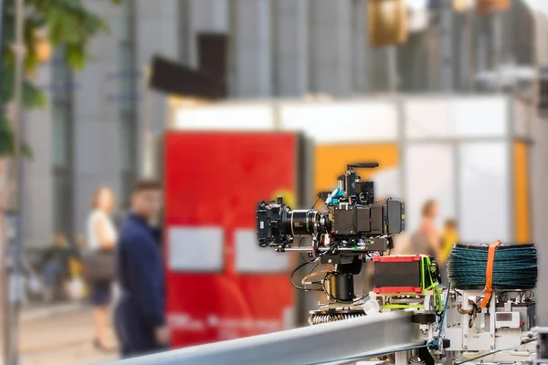 Big professional camera on rails. Outdoors movie set. Cinema pro — Stock Photo, Image