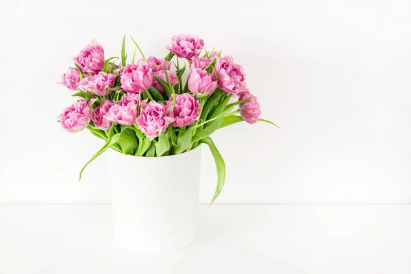 Bouquet of pink tulips in bucket. Fresh spring easter flower. White background , copy space — Stock Photo, Image