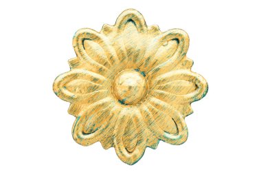 Altın boyanmış Dövme demir çiçek. Vintage metal dekorasyon öğesi. Retro tarzı metalik süsleme. Beyaz izole