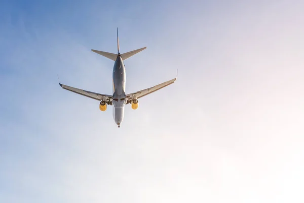 Stora passagerarfartyg airlplane flyger mot klarblå himmel under solnedgången. Landning eller start. Underifrån. Copyspace för text. Sommar resa koncept — Stockfoto