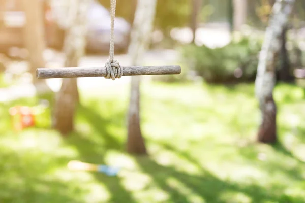 Columpio de madera de una sola cuerda en el jardín en un día soleado brillante. Césped verde en el fondo. Los niños se divierten y el concepto de actividad de verano —  Fotos de Stock