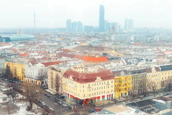 ウィーン,オーストリア- 2019年1月4日:冬の寒い日にウィーン旧市街とレオポルトシュタット地区の通りにあるプラーター遊園地の観覧車からの空中パノラマの街並み — ストック写真