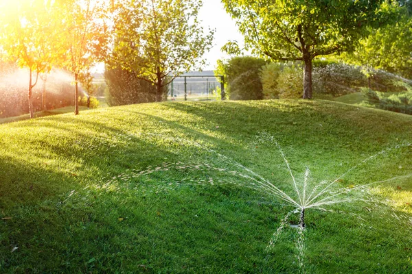 Automatisches Gartenbewässerungssystem Mit Verschiedenen Sprinklern Die Unter Rasen Installiert Sind — Stockfoto