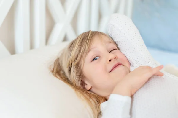 Cute Adorable Caucasian Blond Little Toddler Kid Girl Lying Bed — Stock Photo, Image