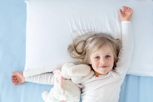 Cute Adorable Caucasian Blond Little Toddler Kid Girl Lying Bed — Stock Photo, Image