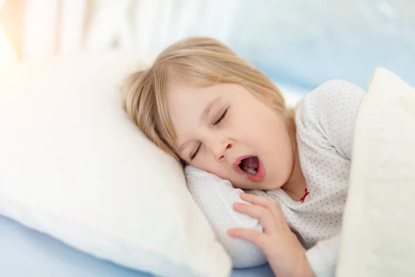 Cute Adorable Caucasian Blond Little Toddler Girl Lying Bed White — Stock Photo, Image