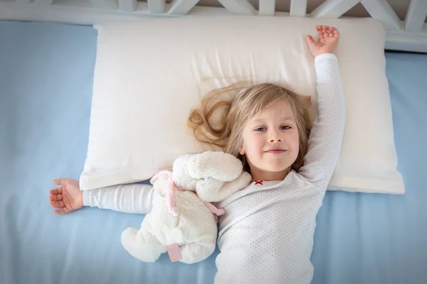 Cute Adorable Caucasian Blond Little Toddler Kid Girl Lying Bed — Stock Photo, Image