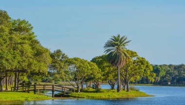 John S. Taylor Park Largo, Florida adaya ahşap köprü görünümünü ve bir yürüyüş için güzel bir gün.