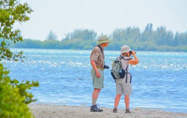 İki kişi kuş tarassut limon Bay su rezerv Cedar Point çevre Park, Sarasota County Florida havuzları gelgit 