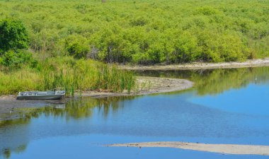 Okeechobee Gölü bataklığında terk edilmiş bir tekne, Okeechobee County, Florida Usa