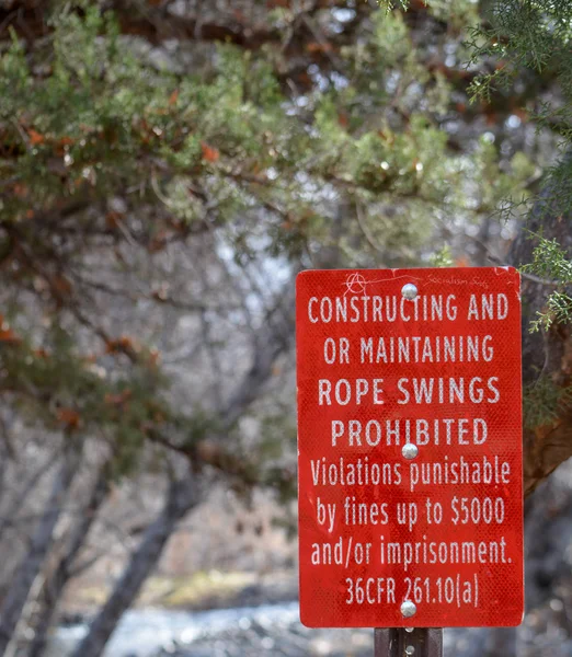 Constructing Maintaining Rope Swings Prohibited Sign Clear Creek Yavapai County — Stock Photo, Image