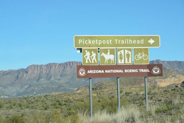 Picketpost Mountain Trail for hiking, horseback riding, bathroom and bicycling sign. Superior, Arizona National Scenic Trail, Pinal County, Tonto National Forest, Arizona, United States of America. 