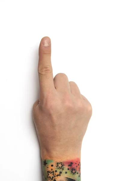 El dedo índice de la mano derecha muestra el número uno: gesto de la mano humana aislado sobre fondo blanco con espacio de copia — Foto de Stock