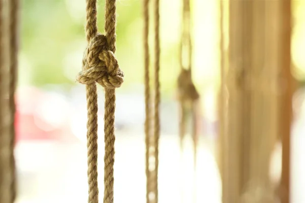 Knot on a vertically suspended rope against a warm summer day, selective focus — Stock Photo, Image