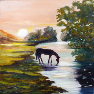 Tual üzerine yağlıboya - lotus bataklık manzara orijinal Yağlıboya Resim