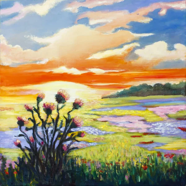 キャンバス - ロータス沼の風景にオリジナルの油絵 — ストック写真