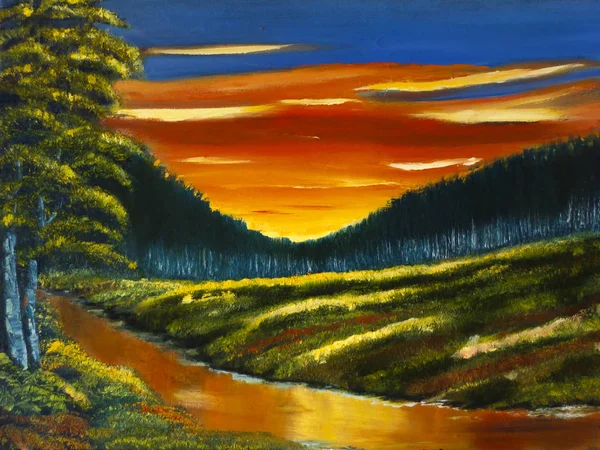Pintura al óleo original sobre lienzo - paisaje de pantano de loto — Foto de Stock