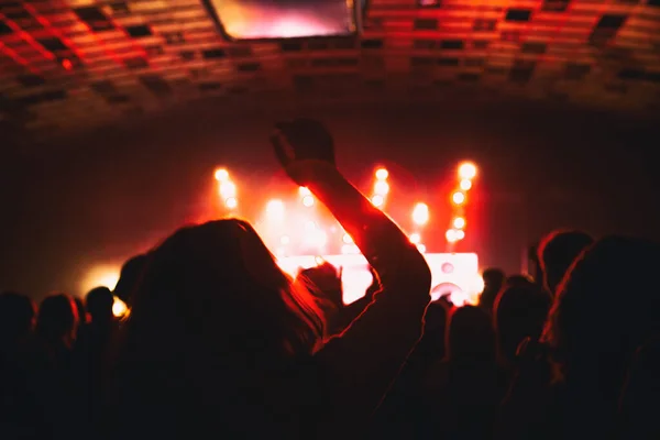 Silhouette di una folla di fan ad un concerto . — Foto Stock