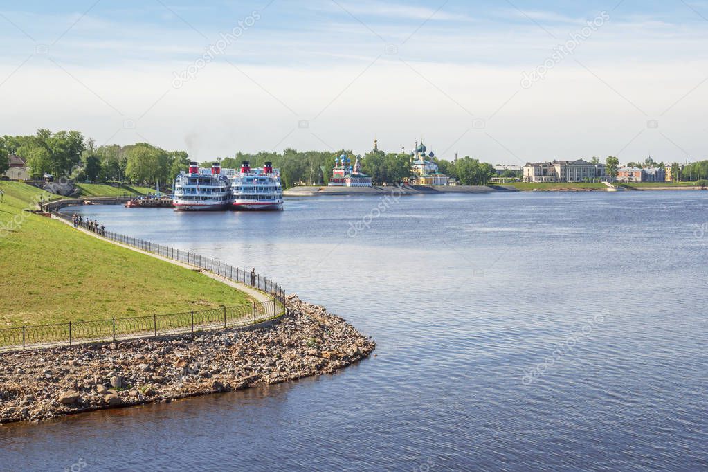 View of the city of Uglich with passenger ships at the pier