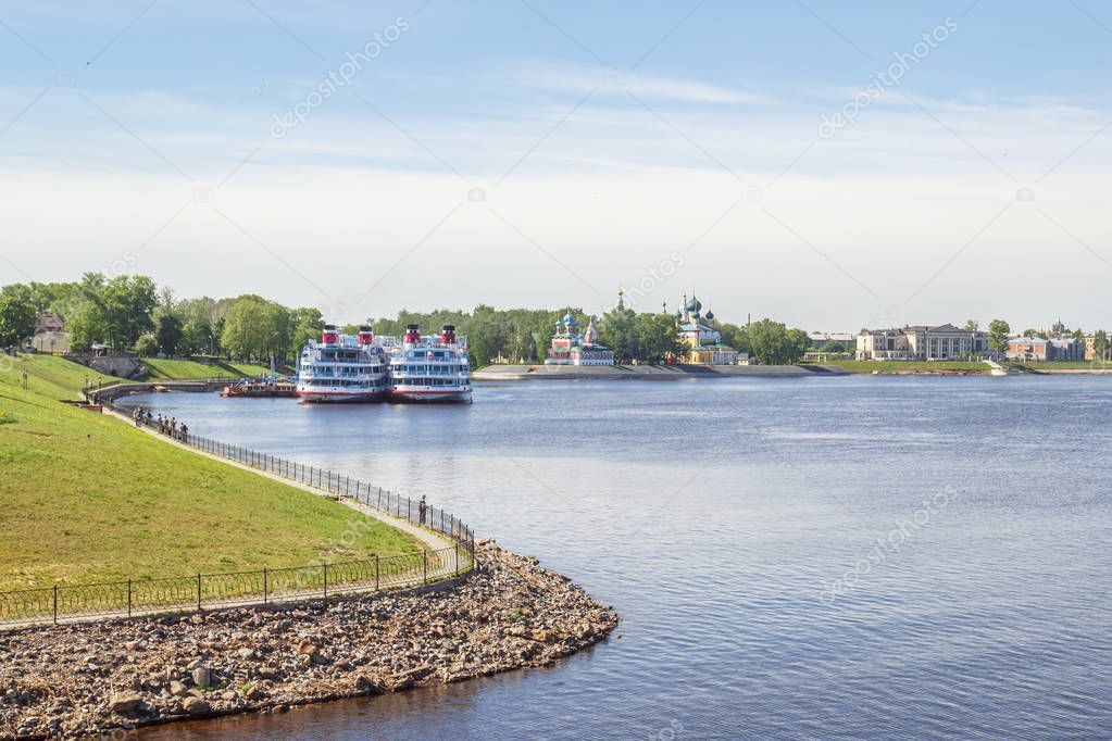 View of the berths with the ships and churches of Uglich, Yarosl