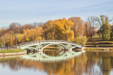 Moskova Tsaritsynsky parkta gölet üzerinde köprü
