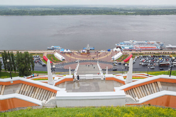 Chkalovskaya staircase and motor ship near the pier in Nizhny No