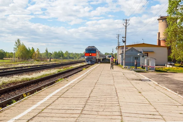 Möte tåget vid en landsbygdens järnvägsstation — Stockfoto