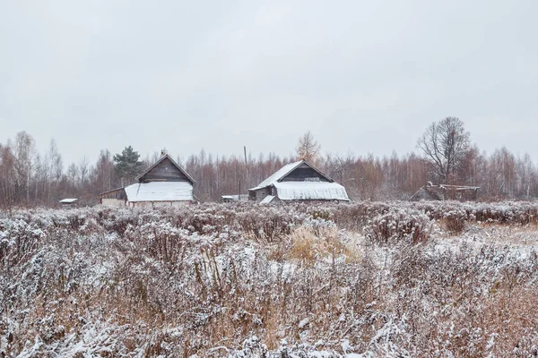 Два дерев'яні будинки на снігу — стокове фото