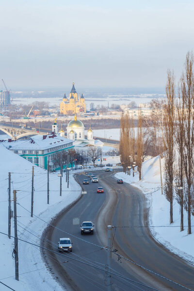 Nizhny Novgorod view and road with cars in Nizhny Novgorod, Russ