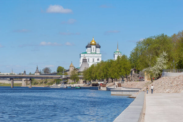 Embankment, Trinity Cathedral, Kremlin towers in Pskov