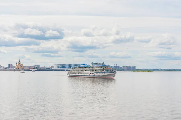 Three-deck motor ship goes along the city of Nizhny Novgorod, Russia