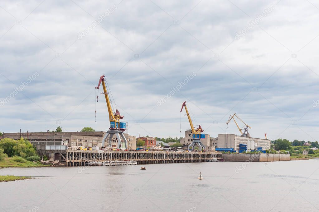 Shipyard cranes in Gorodets Russia