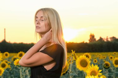 portre ayçiçeği tarlası üzerinde siyah elbiseli güzel genç sarışın model