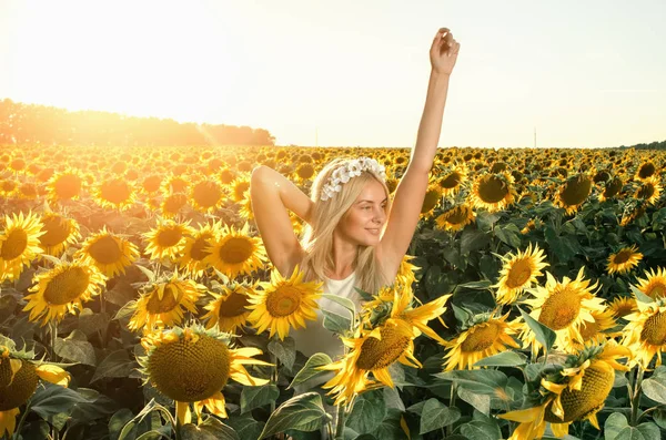 çiçeklenme üzerinde genç güzel kadın ayçiçeği alan