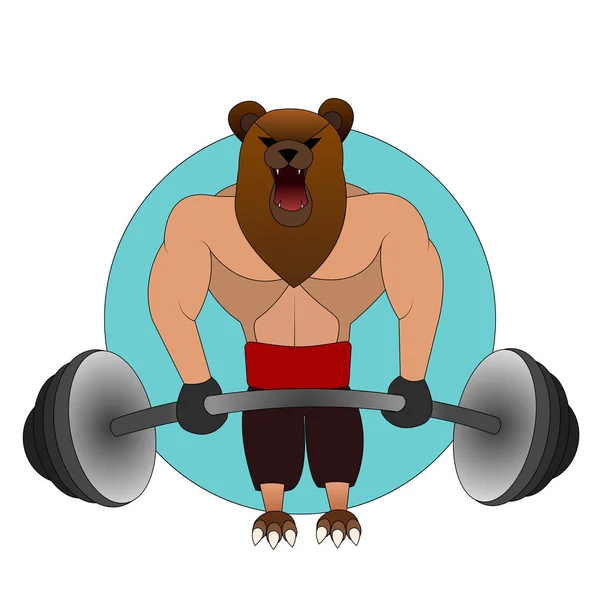 El gran oso enojado con el cuerpo humano en el gimnasio levanta la barra. levantador de pesas . — Archivo Imágenes Vectoriales