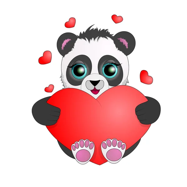 Panda con grandes ojos sosteniendo un corazón. Día de San Valentín . — Archivo Imágenes Vectoriales
