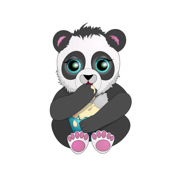 Hermoso Panda con ojos grandes comer helado. personaje de dibujos animados . — Archivo Imágenes Vectoriales