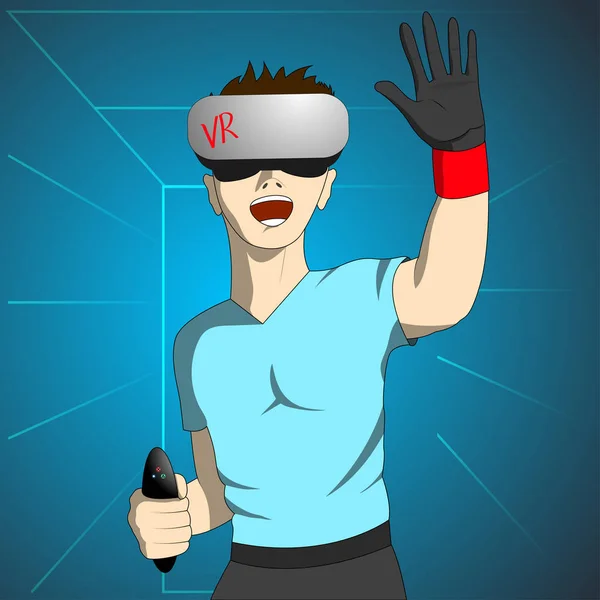 El hombre entusiasta en la realidad virtual sostiene el control remoto y levanta la mano . — Archivo Imágenes Vectoriales