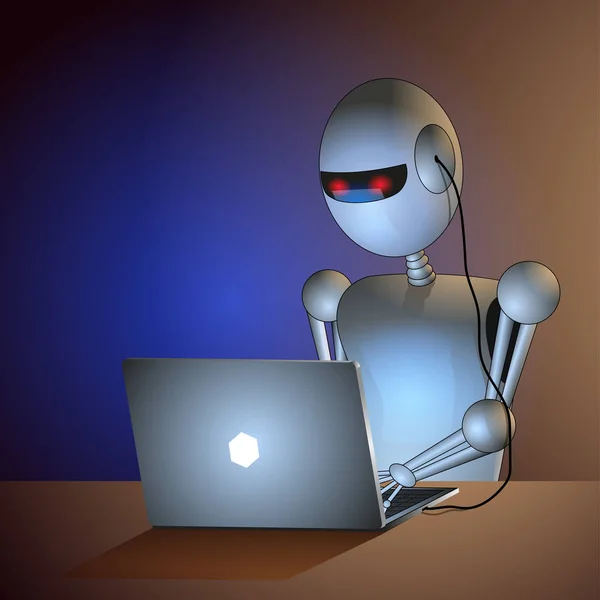 Robot se sienta en el escritorio conectado a la computadora. firmware . — Archivo Imágenes Vectoriales